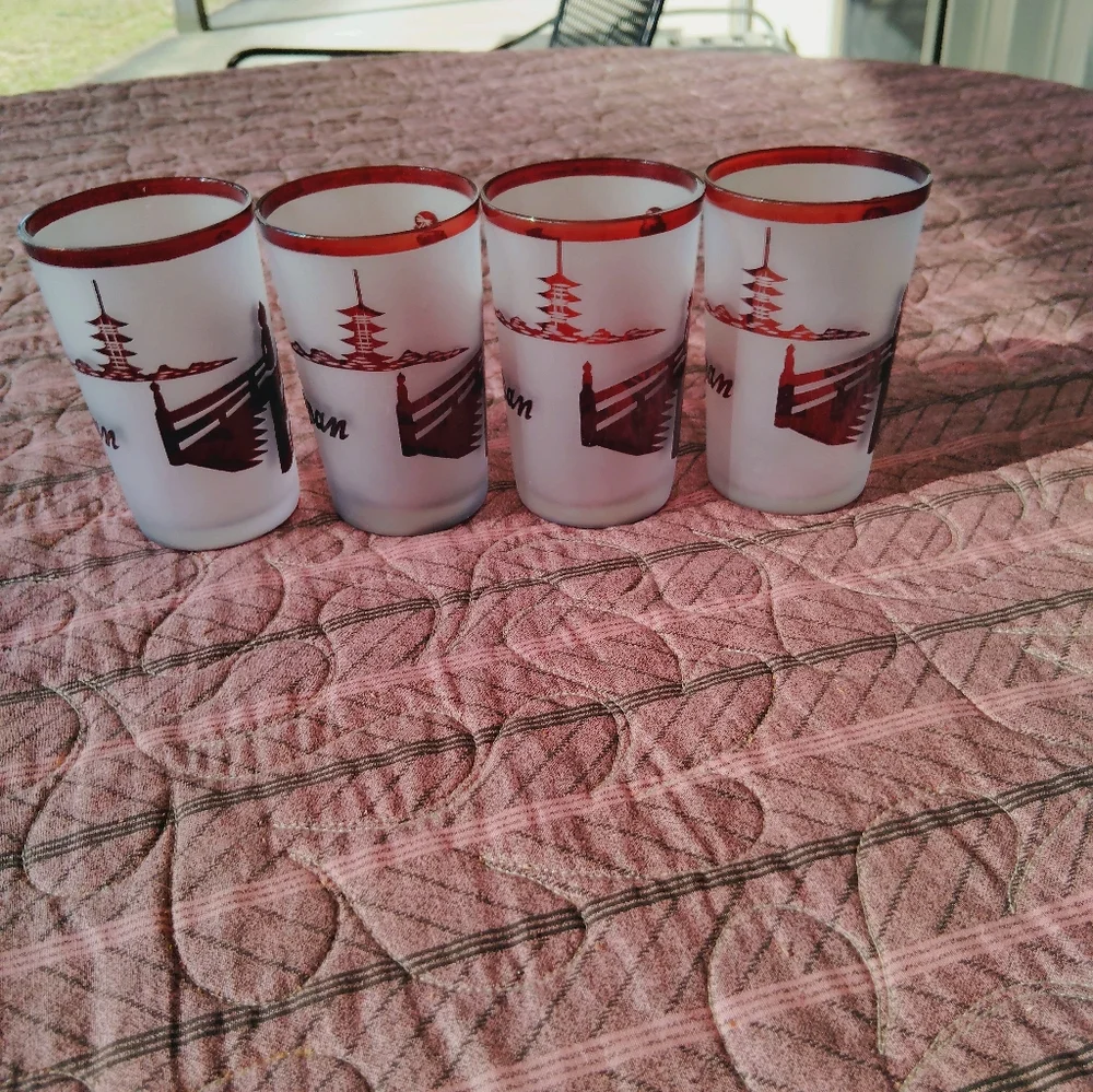 4 Vintage MCM Noritake Frosted Ruby Red Drinking Glasses Barware Bar